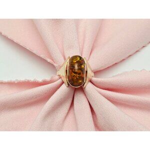 Vintage Beautiful 14K Karat Solid Rose Gold Designer Oval Amber Ring - Size 3